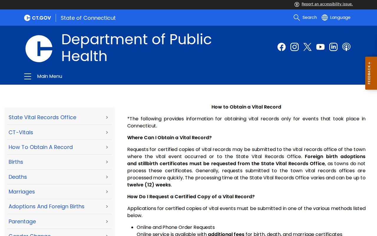 New London resident lookup view of Connecticut DPH vital record access rules