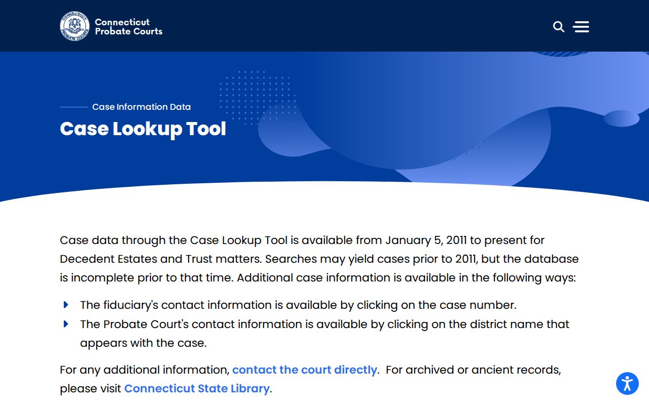 New London resident lookup view of Probate Case Lookup controls
