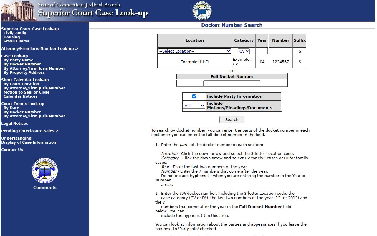 New London resident lookup view of the Connecticut Judicial Branch civil docket search