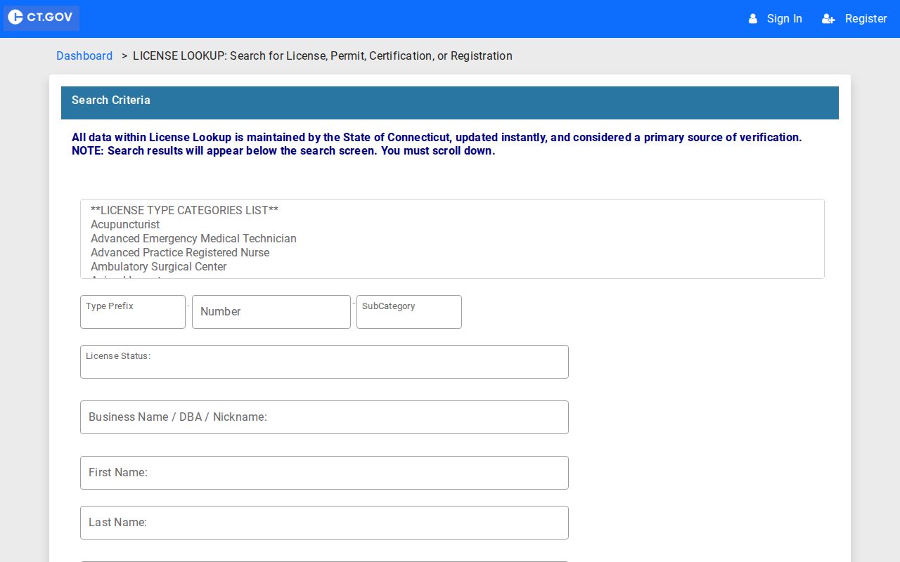 New London ZIP code view of the Connecticut eLicense ZIP-capable search
