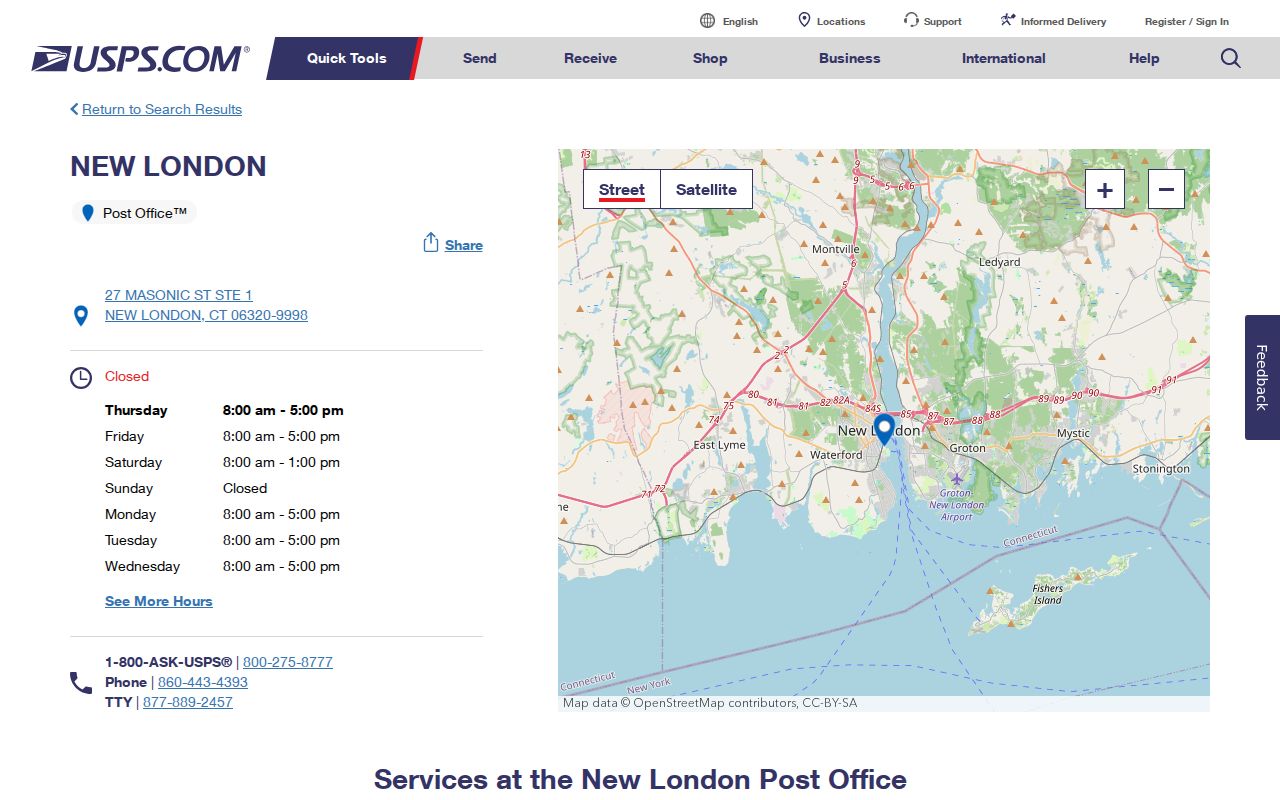 New London ZIP code view of the New London USPS post office listing