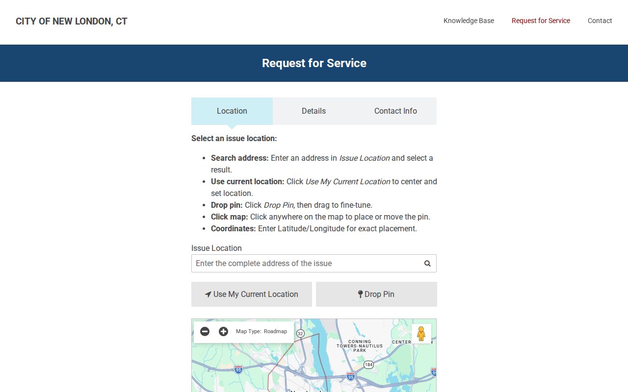 New London ZIP code view of the New London 311 postal-code request form